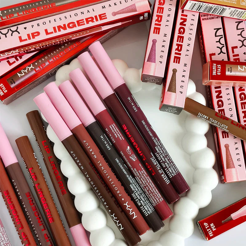Crayon à lèvres NYX Brand Lip Liner Stain, pointe feutre, pour une application précise, sans débordement, parfaite pour les tons nus, disponible en douze teintes, maquillage pour femme.