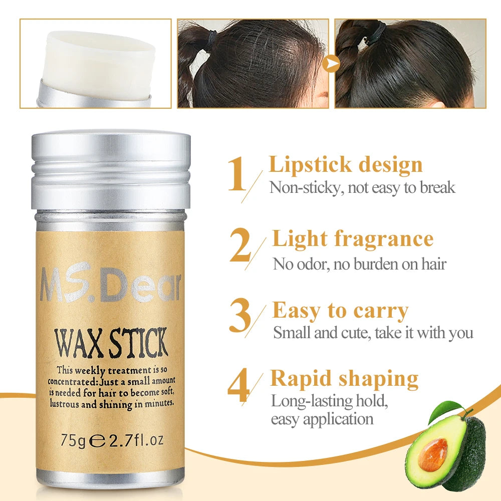 Stick de cire coiffante pour cheveux et perruques, formule professionnelle sous forme de gel-crème non grasse. Idéal pour lisser et discipliner les cheveux rebelles, les frisottis et les petits cheveux cassés. Convient aux hommes et aux femmes