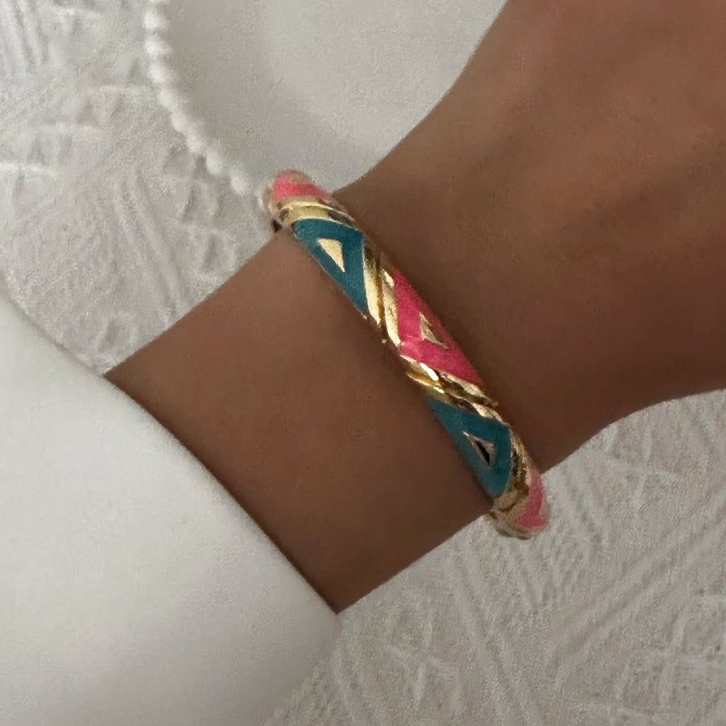 Bracelet élégant en émail goutte d'eau à texture florale pour femme, plaqué or rétro, avec zircon floral et motif œil porte-bonheur, bijou de fête
