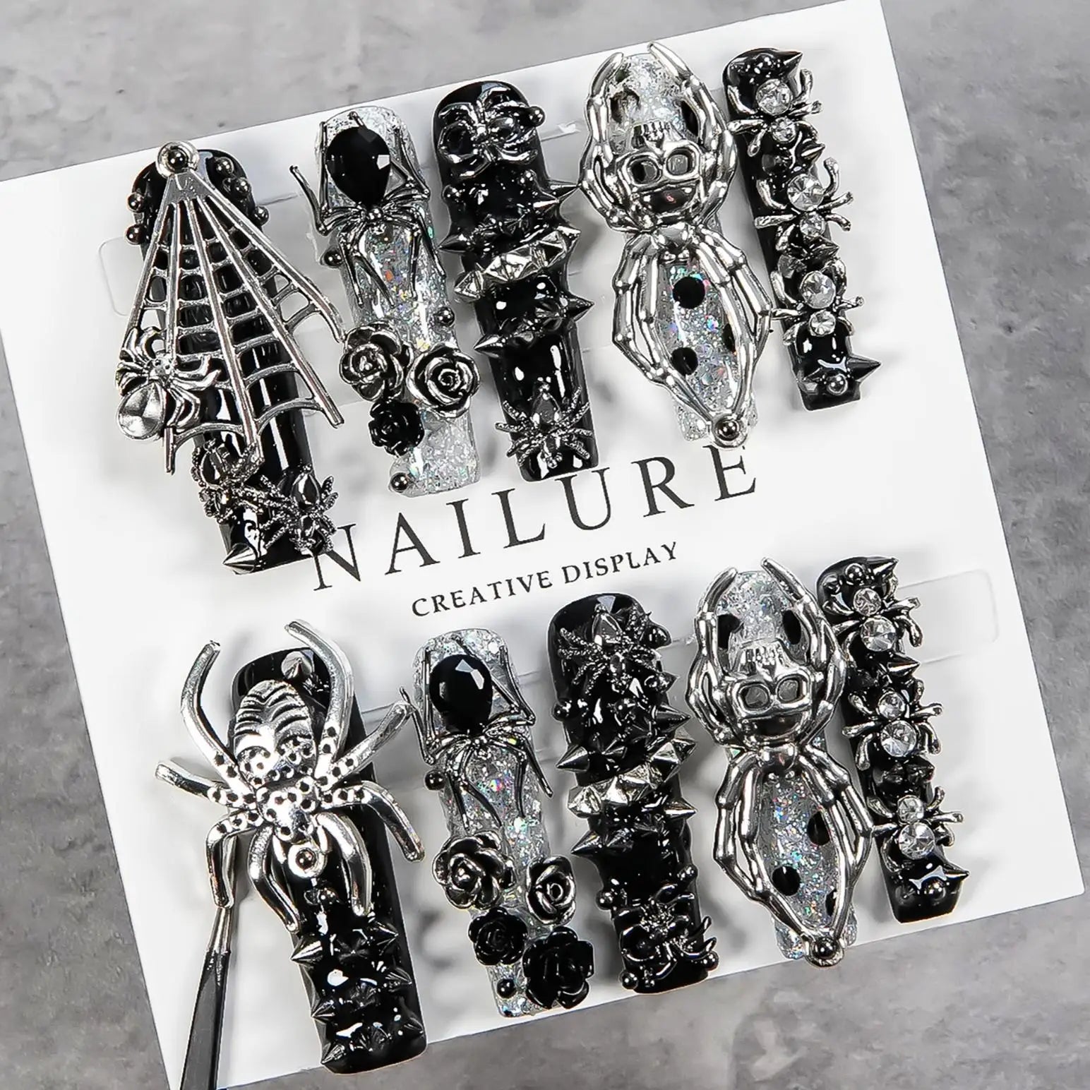 Faux ongles gothiques foncés faits à la main, motif crâne d'araignée, résistants, longs et détachables, style gothique