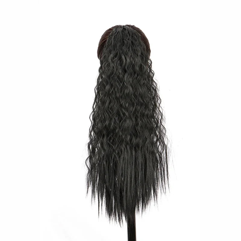 Queue de cheval synthétique longue et bouclée de 22 pouces, extension de cheveux à cordon de serrage, postiche noir à clipser pour femme