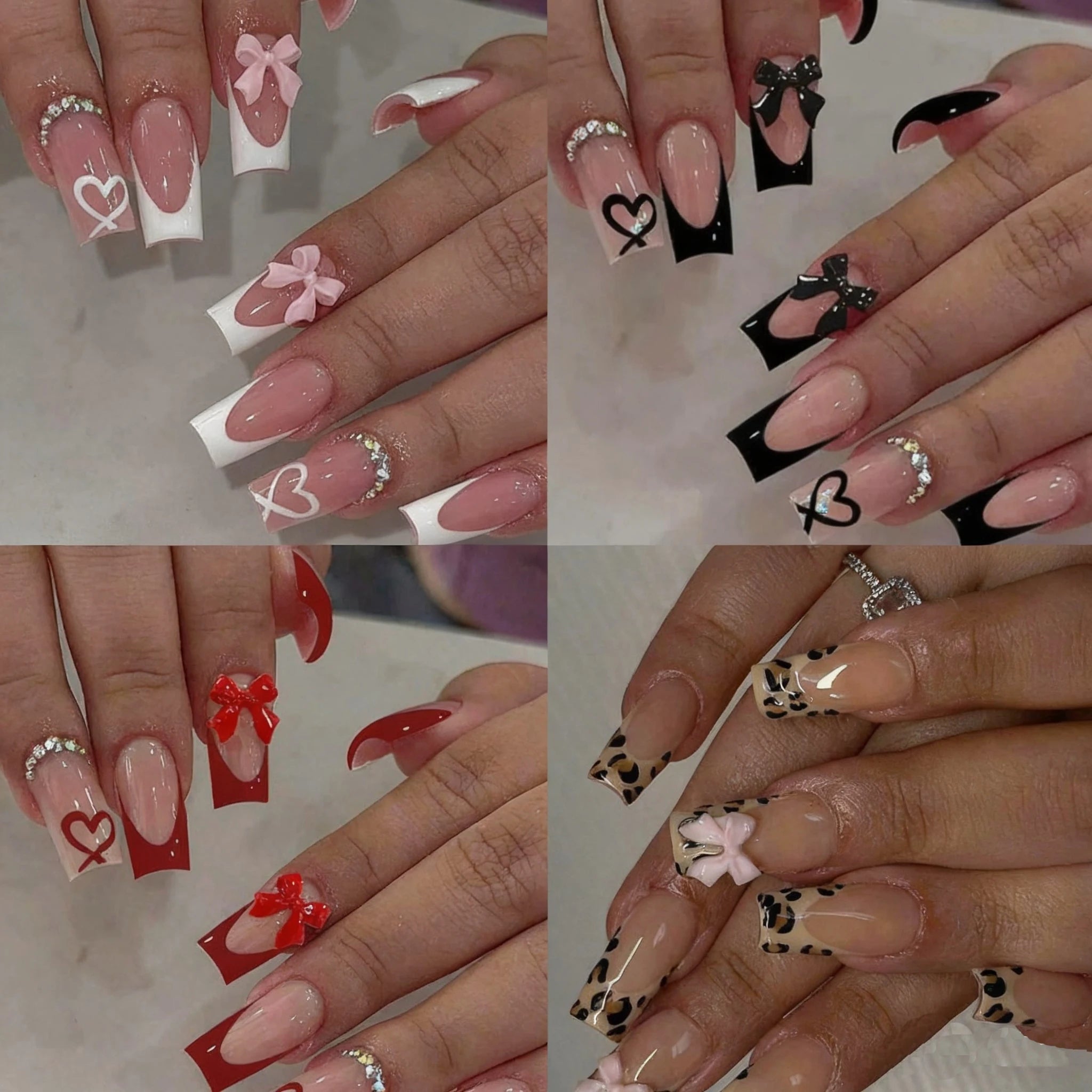 Faux ongles moyens avec pendentif à nœud 3d, 96 pièces, ongles acryliques en forme de cœur, strass, ongles pour femmes entièrement coupés