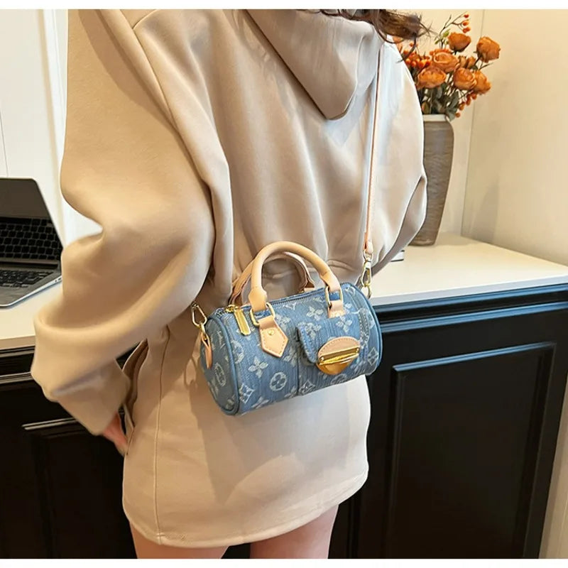 Sacs en jean tendance pour femmes, sacs bandoulière élégants et polyvalents, sacs à main cylindriques ronds à la mode