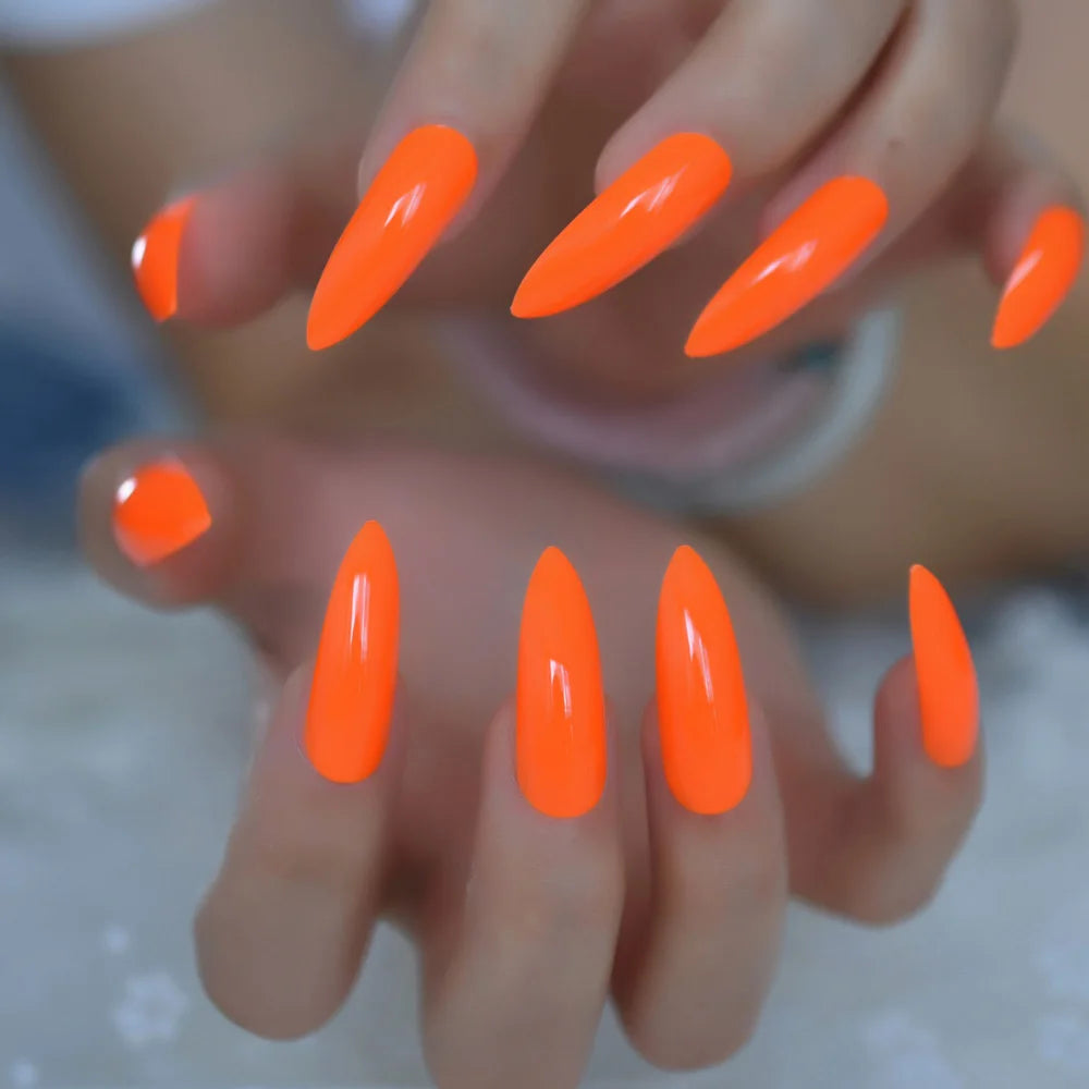 Faux ongles néon extrêmement longs, Orange vif, à pression, Style carnaval, décoration, conseils de manucure, pour Salon de manucure, 24