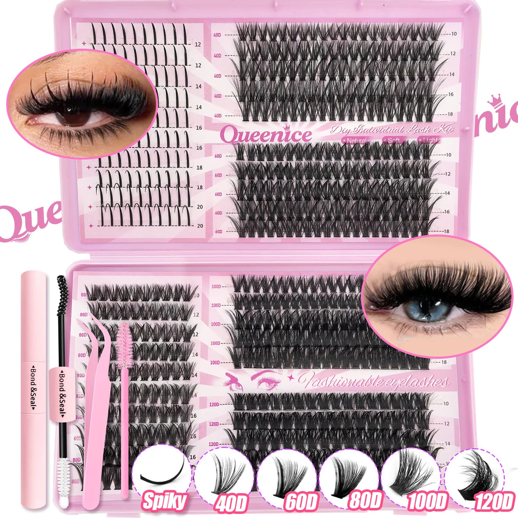 Kit d’extensions de cils DIY en bouquets – Faux cils individuels à poser soi-même, longueurs de 9 à 16 mm. Effet léger et naturel (wispy). Kit complet incluant colle (bond) et fixateur (seal) pour une meilleure tenue des cils