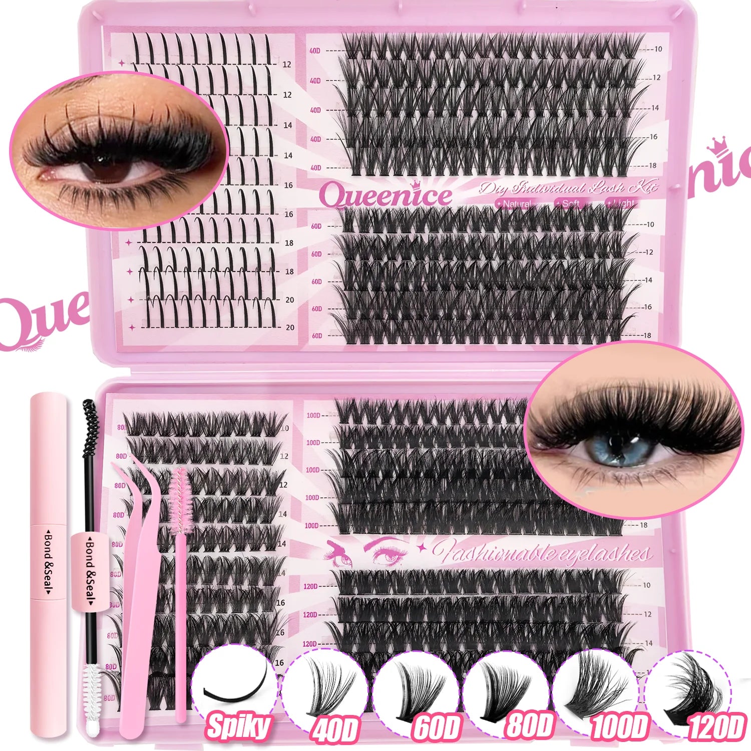 Kit d’extensions de cils DIY en bouquets – Faux cils individuels à poser soi-même, longueurs de 9 à 16 mm. Effet léger et naturel (wispy). Kit complet incluant colle (bond) et fixateur (seal) pour une meilleure tenue des cils