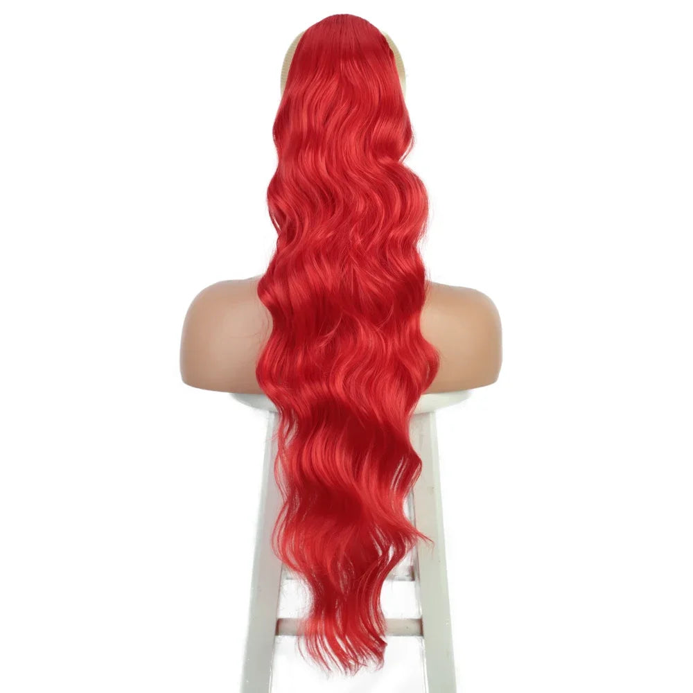Extension de Cheveux Queue de Cheval Ondulée pour Femme, 24 Pouces, Longue Ondulation, Proximité Wstring, réinitialisation en Queue de Cheval Rouge, Fausse Queue de Cheval, Postiche