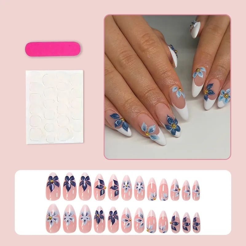 Faux ongles 3D pour femmes et filles, dégradé de fleurs en relief marron bleu avec strass, pointes d'amande d'automne et d'hiver à pression sur les faux ongles