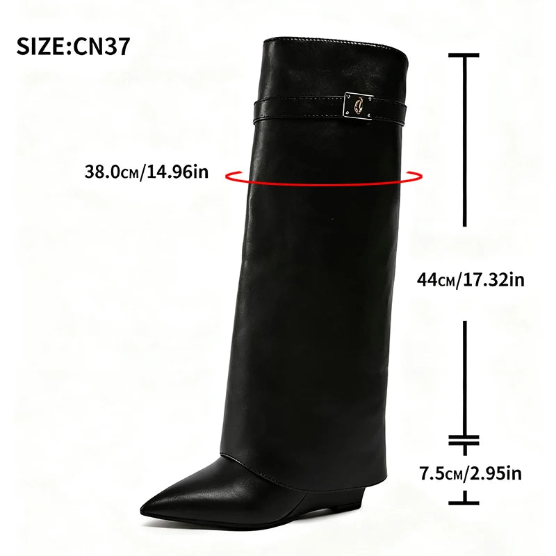 Bottes hautes jusqu’aux genoux en cuir PU noir pour femme, bottes sexy à bout pointu et tige droite, style punk féminin, bottes longues à talons compensés hauts pour femme.