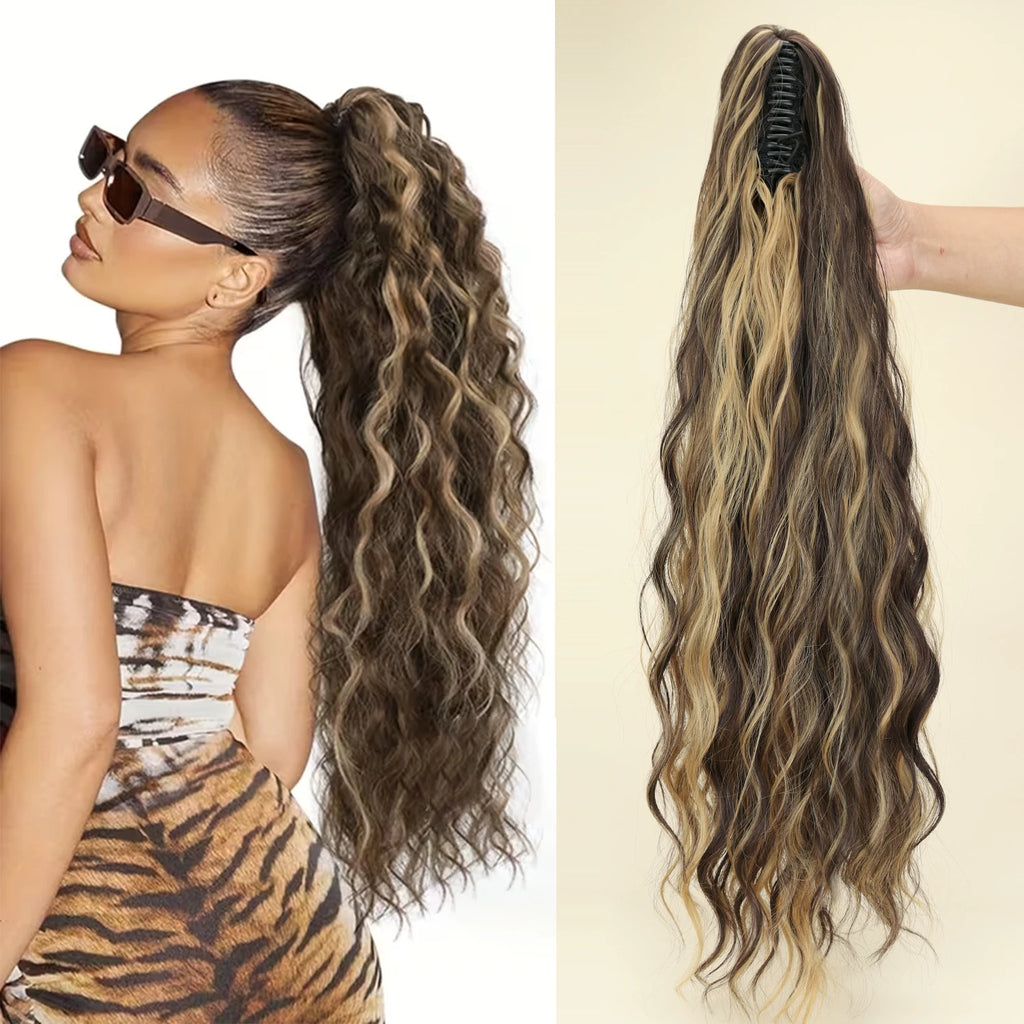 Queue de cheval synthétique ondulée effet Water Wave à pince, noire ou blonde, en fibre résistante à la chaleur, volumineuse et légèrement décoiffée, extension de cheveux pour femmes.