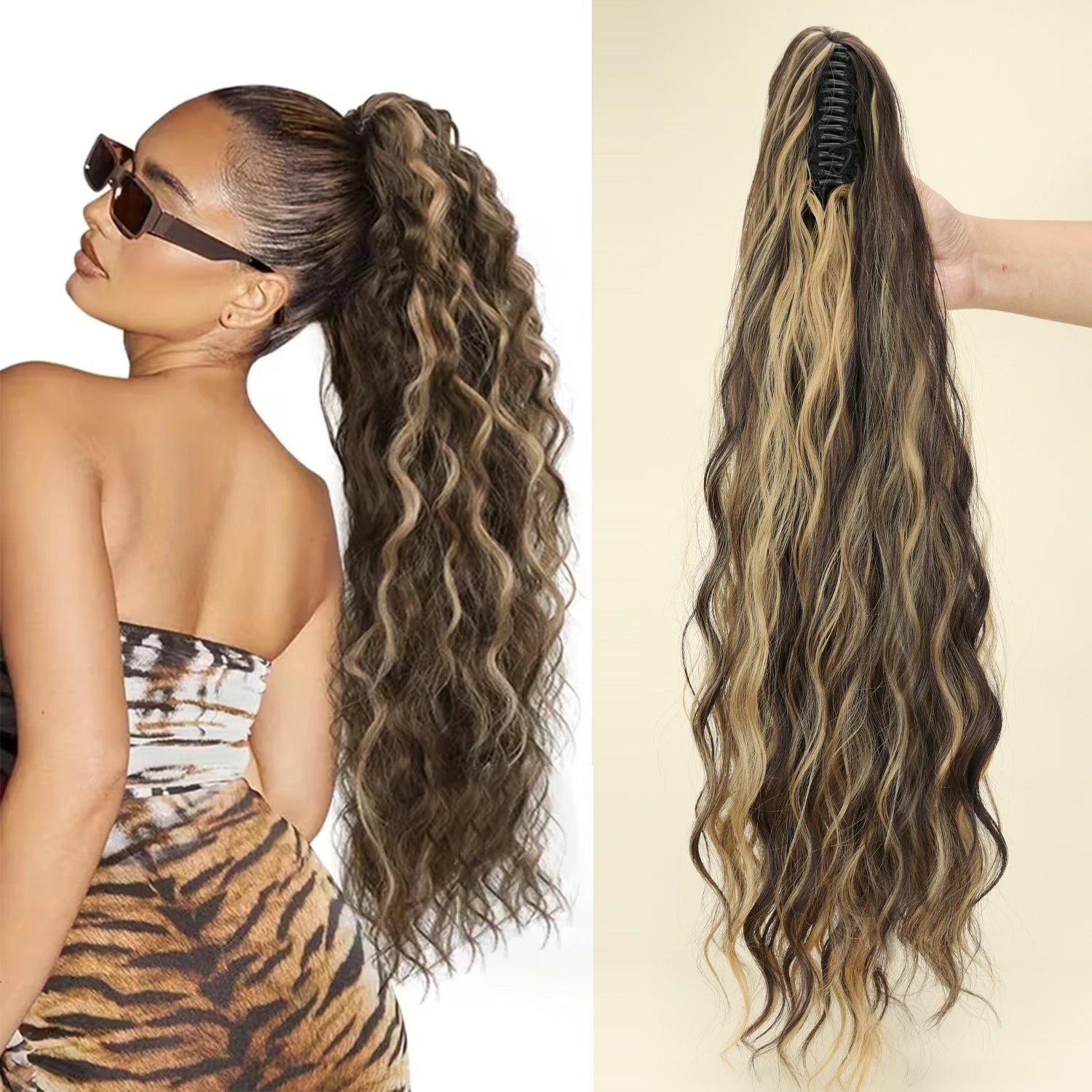 Queue de cheval synthétique ondulée effet Water Wave à pince, noire ou blonde, en fibre résistante à la chaleur, volumineuse et légèrement décoiffée, extension de cheveux pour femmes.