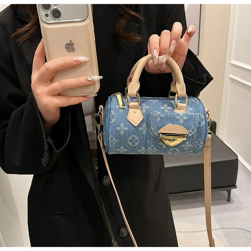 Sacs en jean tendance pour femmes, sacs bandoulière élégants et polyvalents, sacs à main cylindriques ronds à la mode