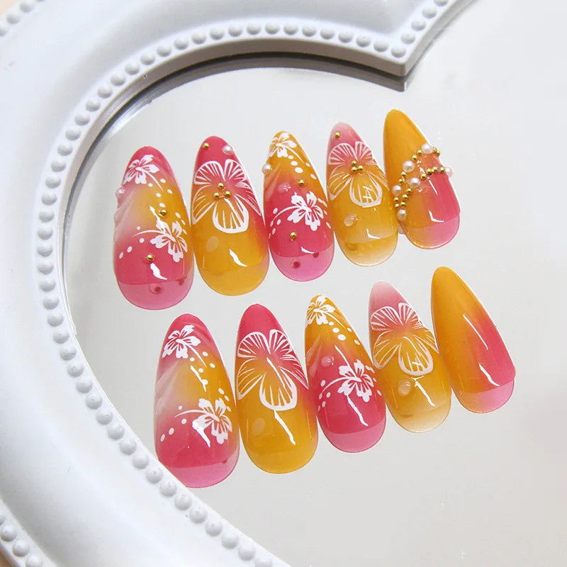24 pièces de faux ongles à fleurs, style tendance, avec effet dégradé jaune et rose. Ongles portables à couverture complète, forme amande , à poser directement (Press-On Nails).