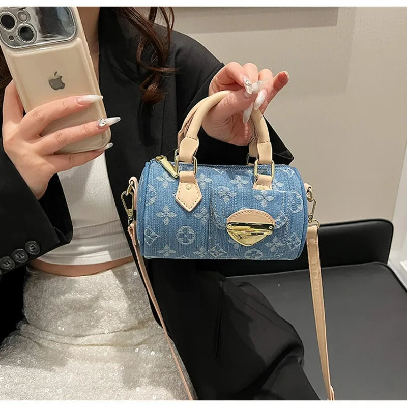Sacs en jean tendance pour femmes, sacs bandoulière élégants et polyvalents, sacs à main cylindriques ronds à la mode