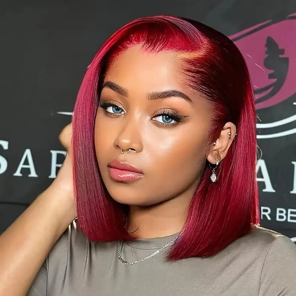 Perruques bob droites bordeaux 99J, prêtes à porter, sans colle, perruques en cheveux humains avec dentelle frontale 13x4, pré-coupées, sans colle, pour femmes, couleur rouge