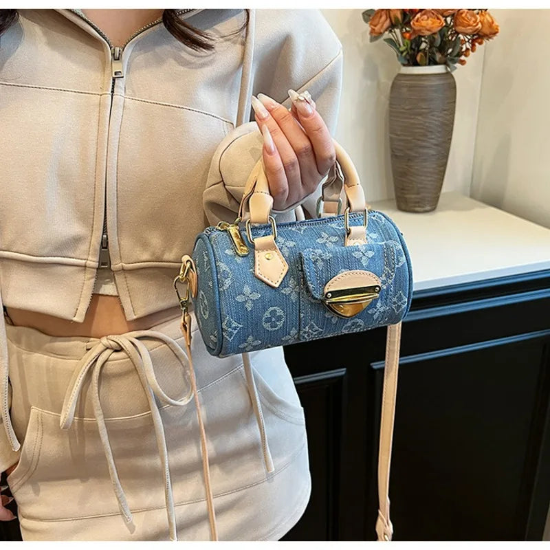 Sacs en jean tendance pour femmes, sacs bandoulière élégants et polyvalents, sacs à main cylindriques ronds à la mode