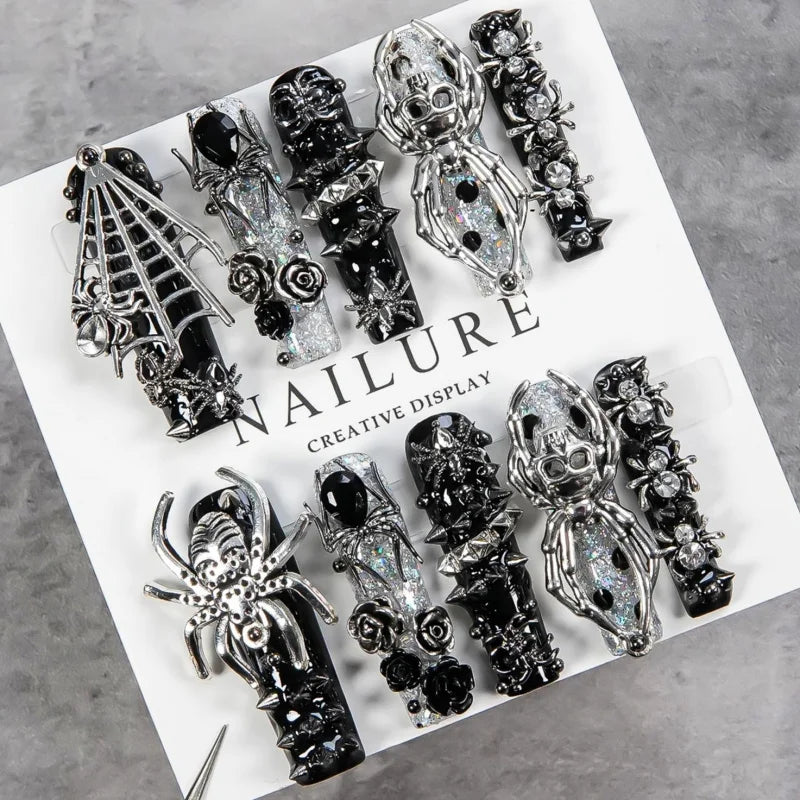 Faux ongles gothiques foncés faits à la main, motif crâne d'araignée, résistants, longs et détachables, style gothique