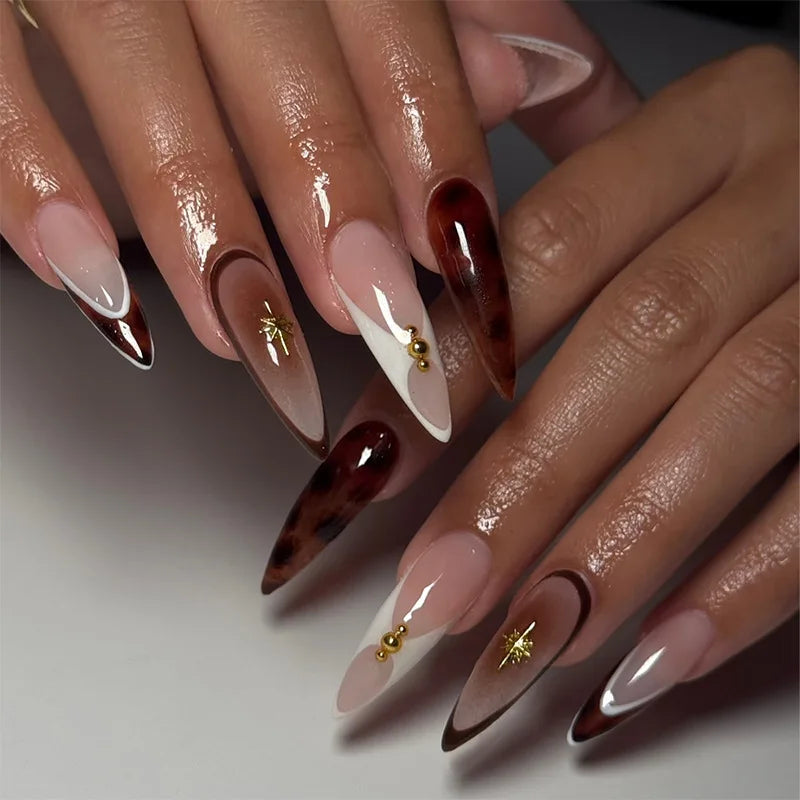24 pièces arc faux ongles blanc français Long Stiletto faux ongles pointe fleur perle conception amande presse sur ongles acrylique couverture complète ongles