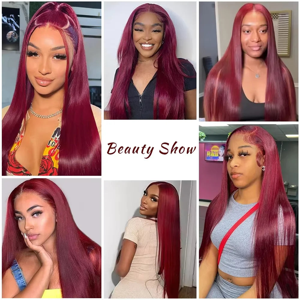Perruque de cheveux humains lisses bordeaux avec dentelle frontale HD 13x6, 30-36 pouces, couleur rouge 99J, pour femmes