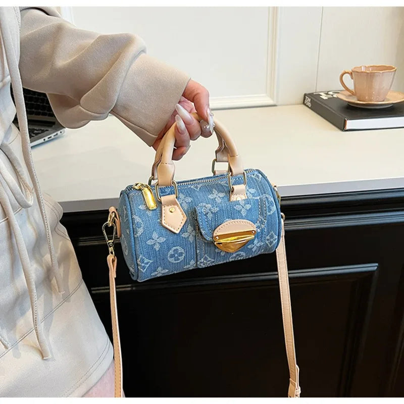 Sacs en jean tendance pour femmes, sacs bandoulière élégants et polyvalents, sacs à main cylindriques ronds à la mode