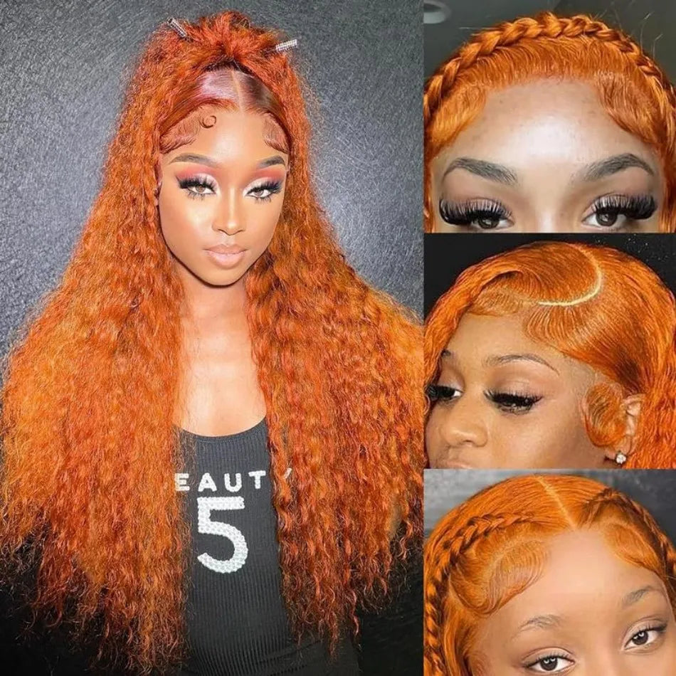 Perruques en cheveux humains ondulés profonds gingembre-orange, bouclées, avec dentelle frontale HD 13x6, effet vague d'eau, pré-plumées, brésiliennes, colorées, pour femmes