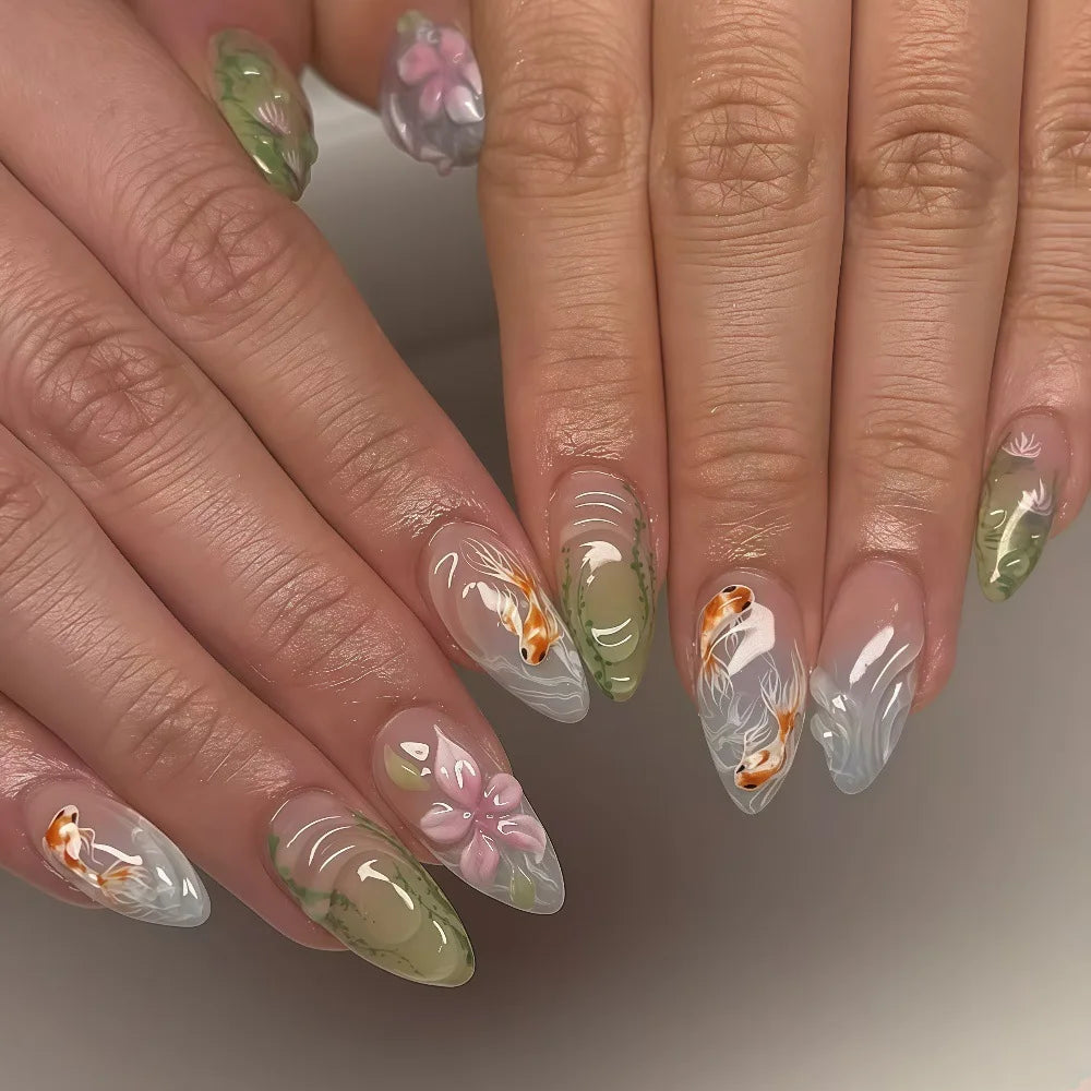 Faux ongles 3D pour femmes et filles, dégradé de fleurs en relief marron bleu avec strass, pointes d'amande d'automne et d'hiver à pression sur les faux ongles