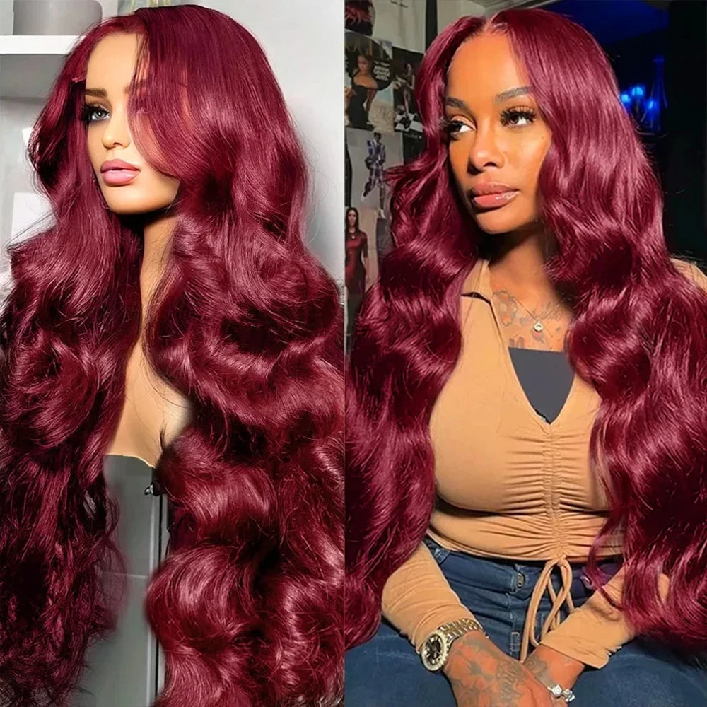 Perruque Lace Front Wig Body Wave Brésilienne Naturelle, Cheveux Humains, Couleur Rouge Bordeaux 99j, 13x6, 13x4, 30 ou 36 Pouces, Densité 200, pour Femme
