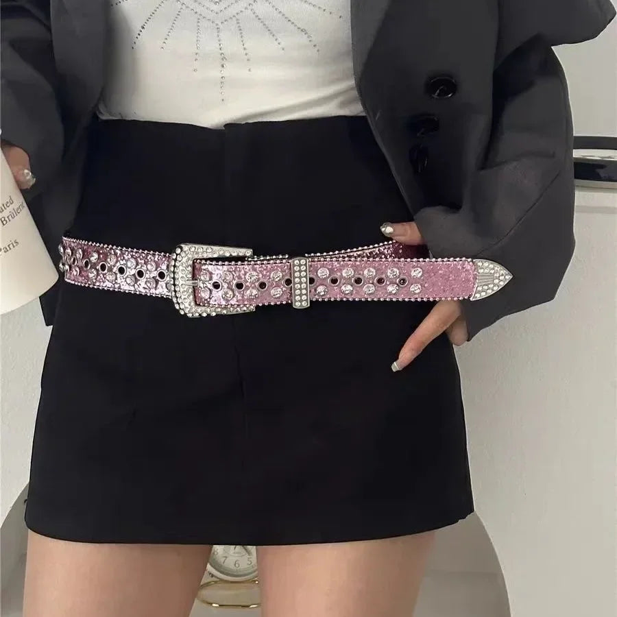 Ceinture femme mode Y2K – imprimé uni, cloutée, entièrement ornée de strass, en cuir PU, brillante style cristal, réglable, ceinture scintillante pour club et soirée