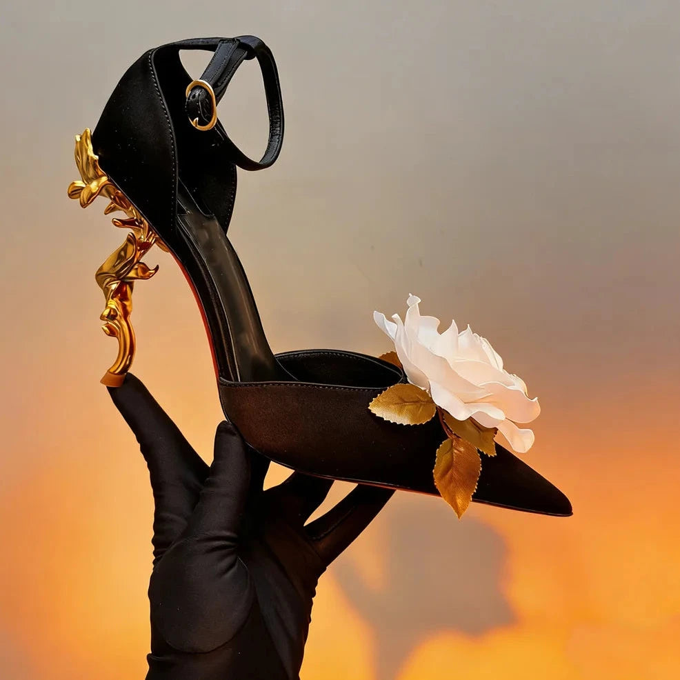 Chaussures de mariage décorées de roses rouges en satin, talon pointu original, nouvelles chaussures de printemps pour femmes, talons hauts de luxe
