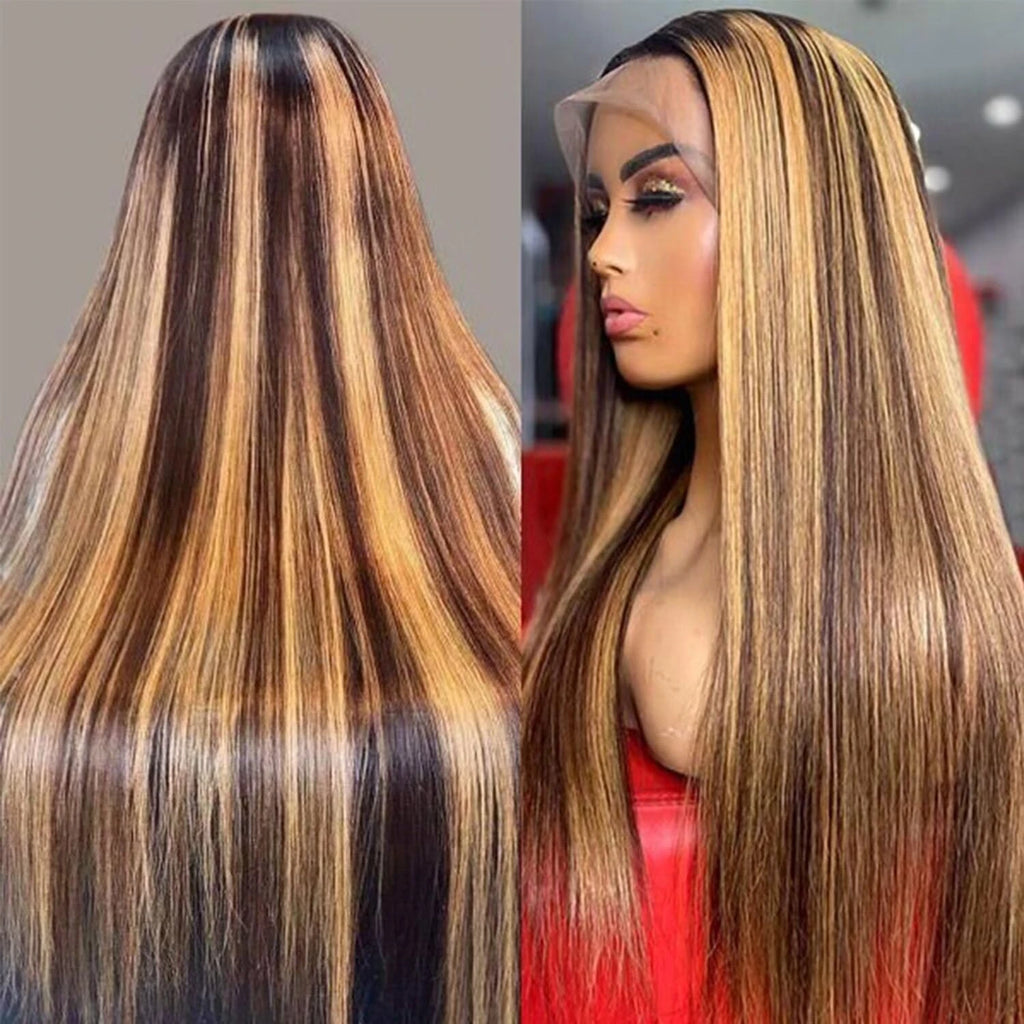 Perruque en cheveux humains P4/27 méchée, lace frontale 13x6, texture Bone Straight, couleur ombrée blond miel, pré-épilée avec baby hair.