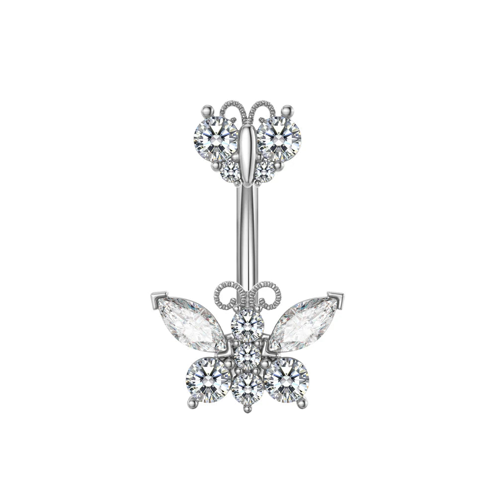 1 pièce Anneau de nombril incurvé en acier inoxydable couleur or avec cristaux CZ, motif papillon abeille, 14G, avec pendentif