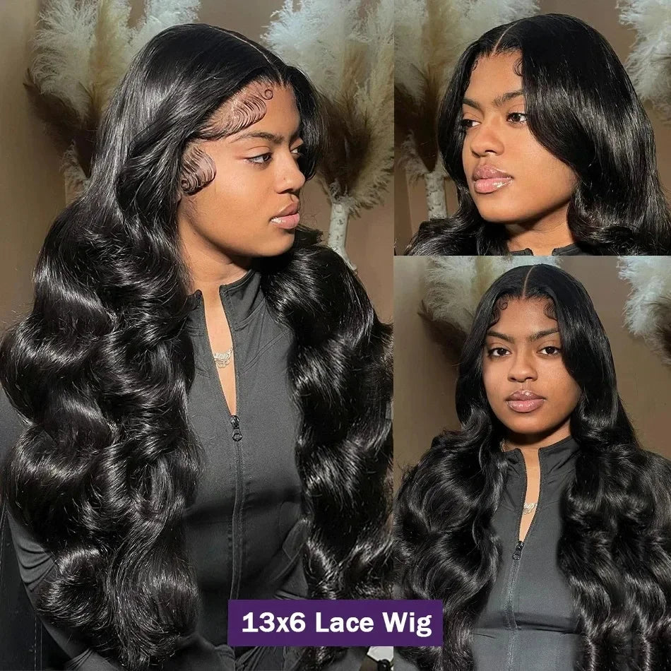 Perruque en cheveux humains Body Wave avec lace frontale HD transparente 13x6, disponible en 30 à 40 pouces. Perruque lace frontale HD 360° ou 13x4, pré-épilée avec une ligne de cheveux naturelle.