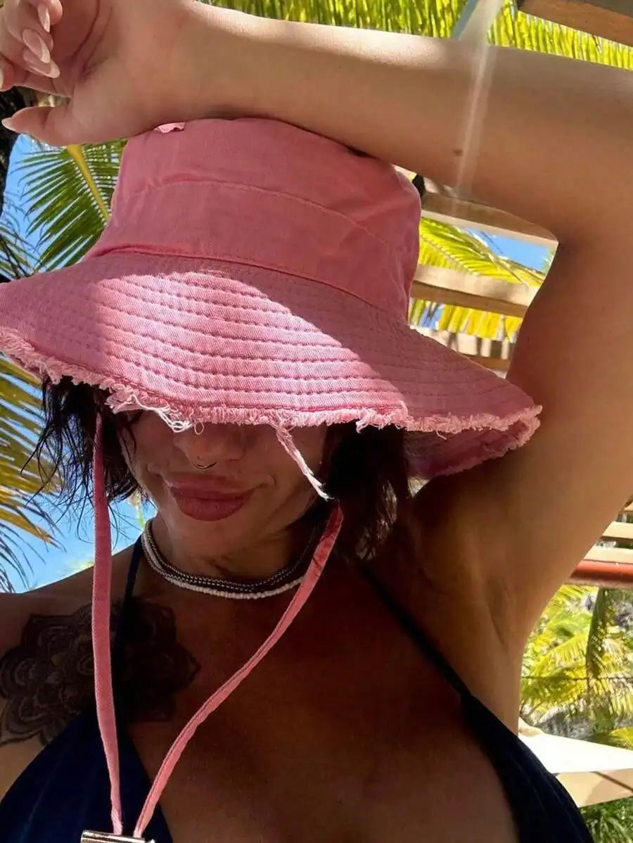 1 chapeau bob pour femme avec cordon de serrage et bords effilochés, chapeau bob d'extérieur avec sangle de menton réglable