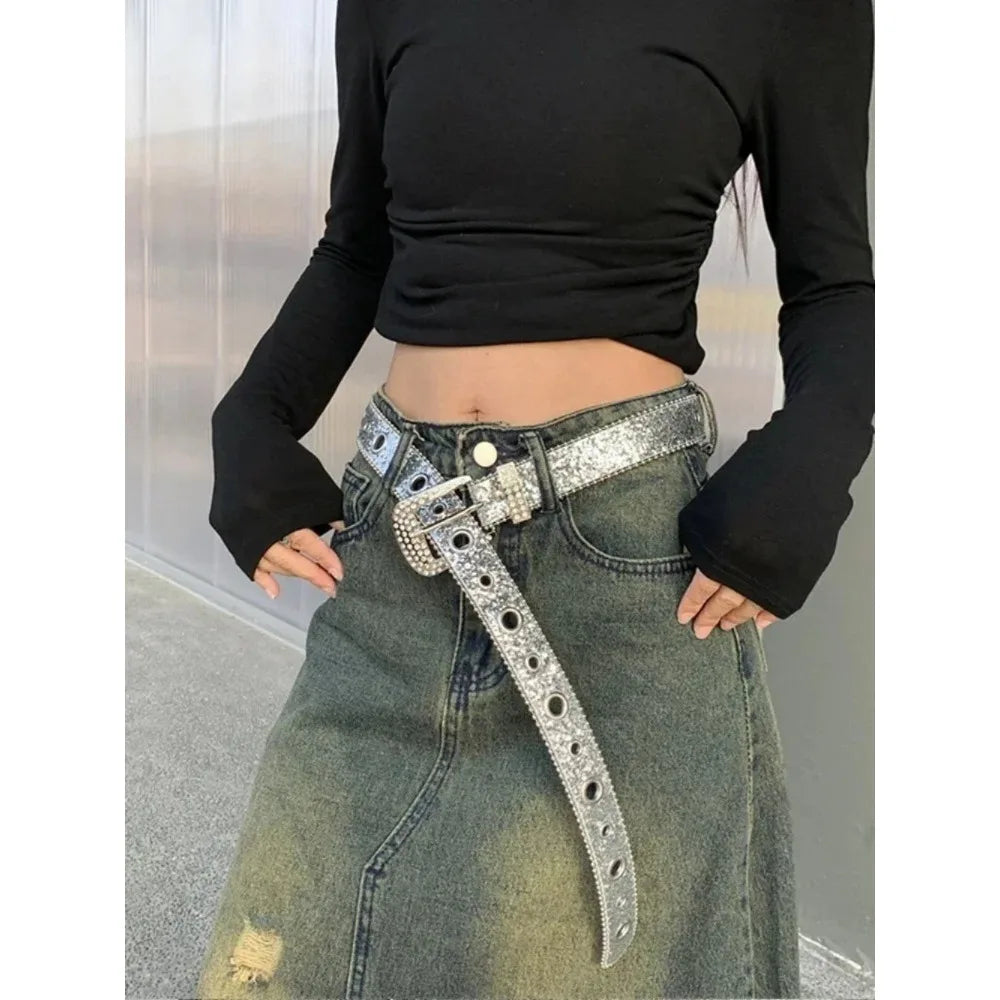 Ceinture femme mode Y2K – imprimé uni, cloutée, entièrement ornée de strass, en cuir PU, brillante style cristal, réglable, ceinture scintillante pour club et soirée