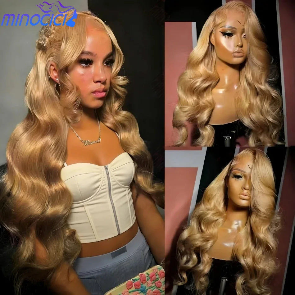 Perruques brésiliennes en cheveux humains ondulés, blond miel 27, avec dentelle frontale HD 13x6 et 13x4, densité 250, colorées et pré-épilées