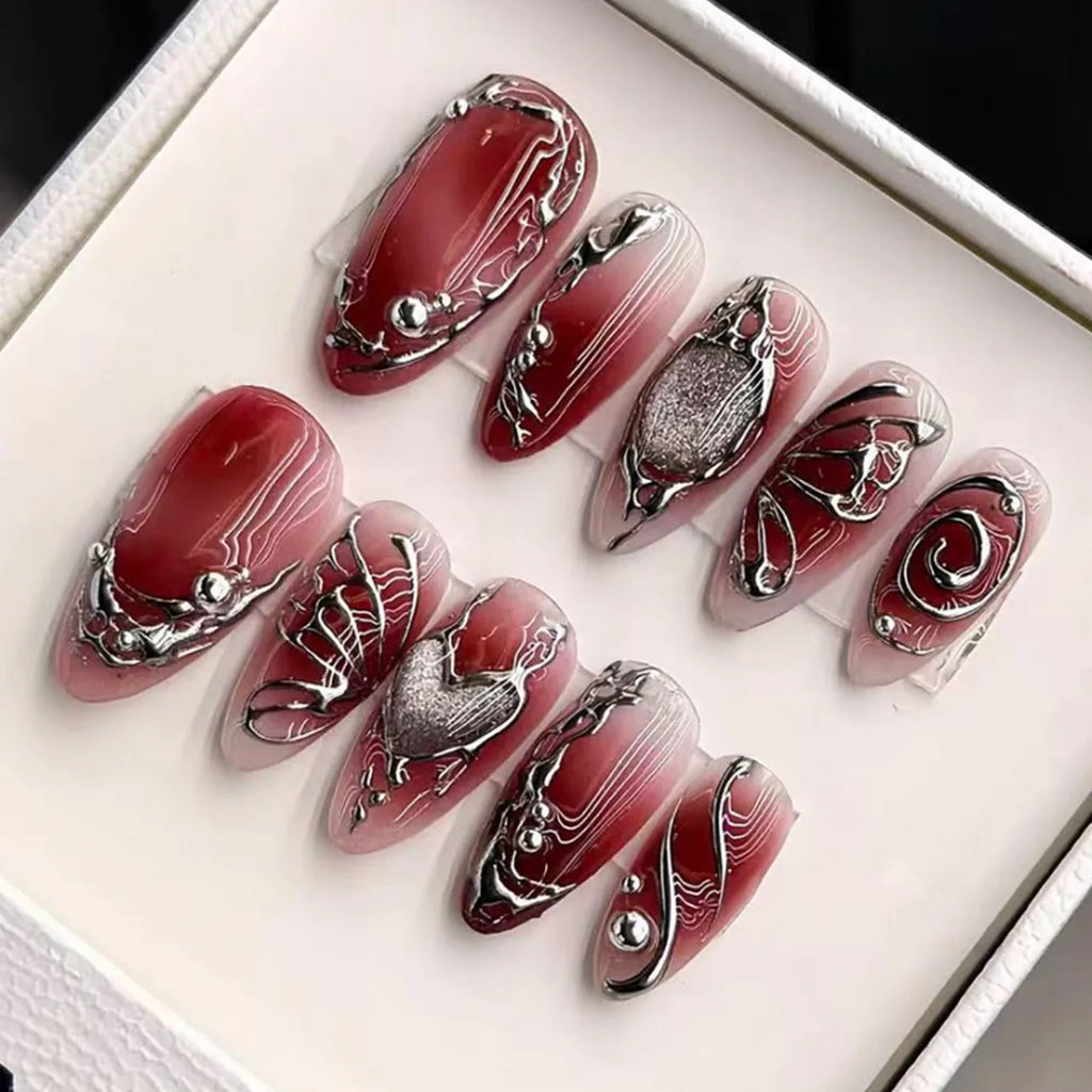 24 pièces mi-long doré amande ongles ensemble presse sur 3D fleur dégradé rose couverture complète faux ongles conseils perle réutilisable faux ongles