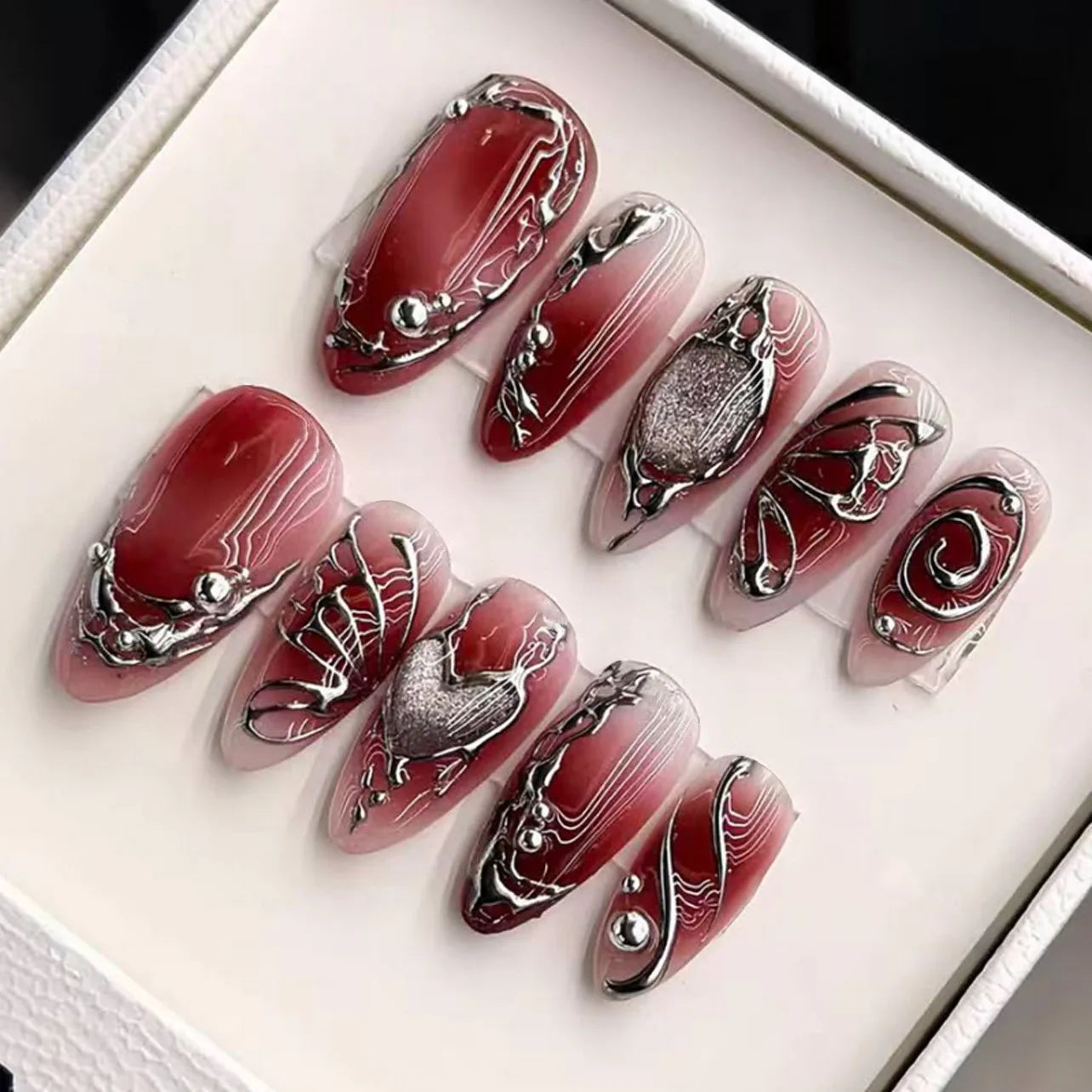 24 pièces mi-long doré amande ongles ensemble presse sur 3D fleur dégradé rose couverture complète faux ongles conseils perle réutilisable faux ongles