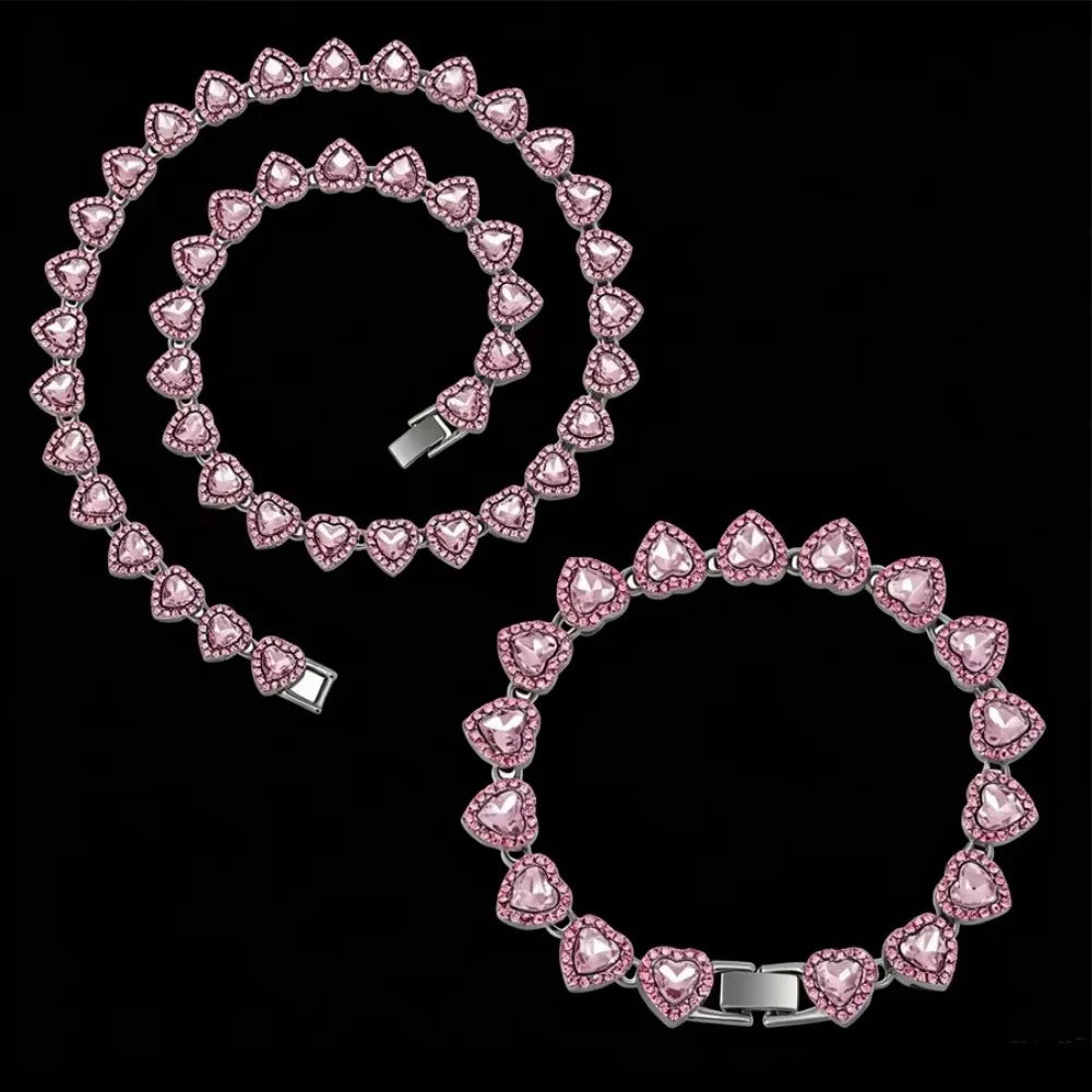 Yupsk 45CM/20CM coeur brillant strass Hip Hop Rock Tennis chaîne Bracelet collier pour femmes hommes à la mode ensemble de bijoux cadeau
