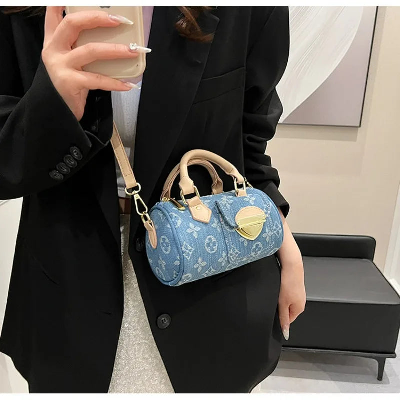 Sacs en jean tendance pour femmes, sacs bandoulière élégants et polyvalents, sacs à main cylindriques ronds à la mode