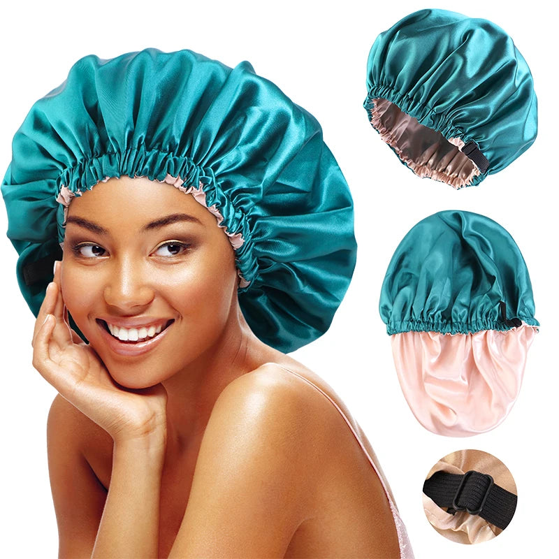 Bonnet en Satin pour dormir, Bonnet en soie réglable pour cheveux bouclés, Double couche, grand bonnet de sommeil doublé en Satin pour femmes