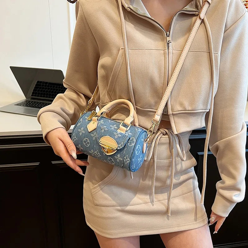 Sacs en jean tendance pour femmes, sacs bandoulière élégants et polyvalents, sacs à main cylindriques ronds à la mode