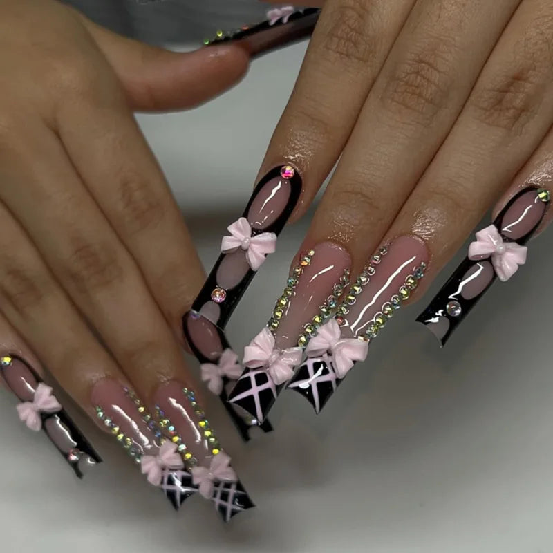 24 pièces – faux ongles longs carrés style français, design cœur 3D, ongles press-on avec strass, motif décoratif, faux ongles portables pour nail art