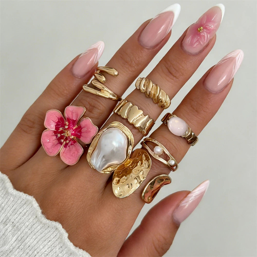 Lot de 8 bagues vintage roses en métal avec fleurs pour femme, style punk élégant, perles baroques, bagues de phalange, bijoux pour soirée et usage quotidien