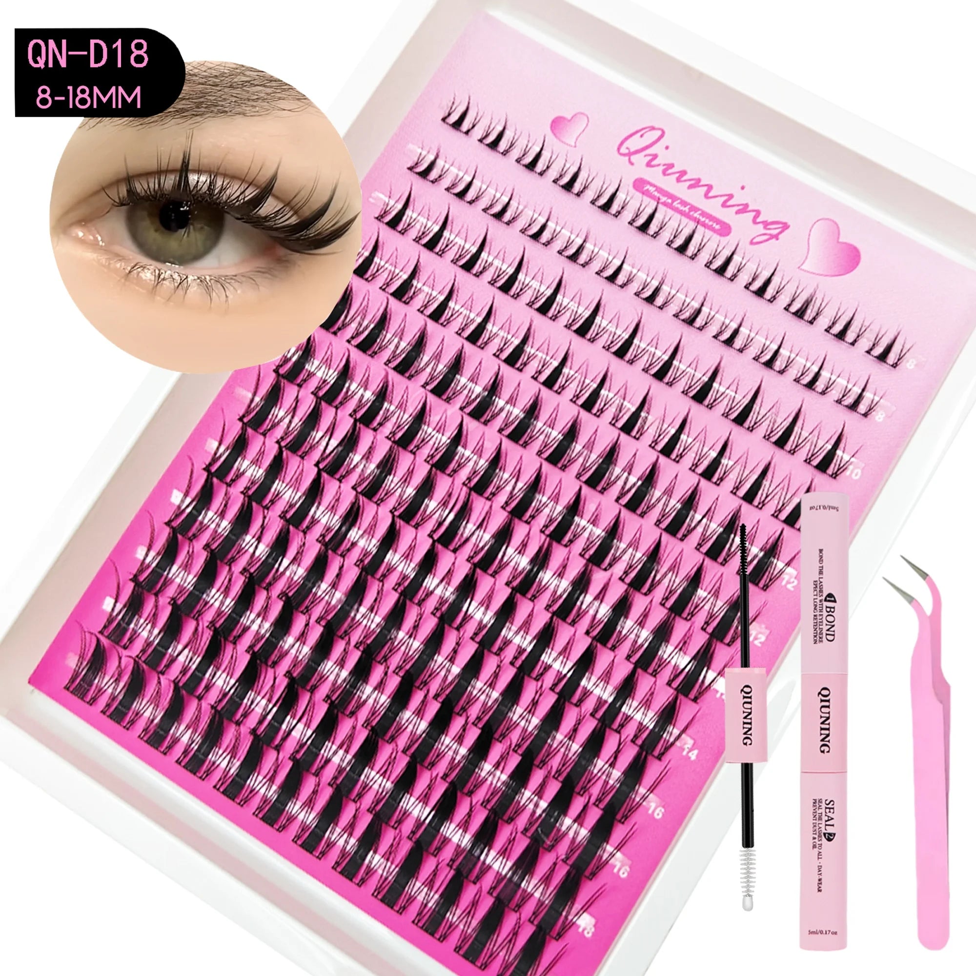 Kit de bouquets de cils type manga QIUNING (cils “cat eye”) avec colle et fixateur pour extensions de cils en grappes, plateau mixte de bouquets de cils.