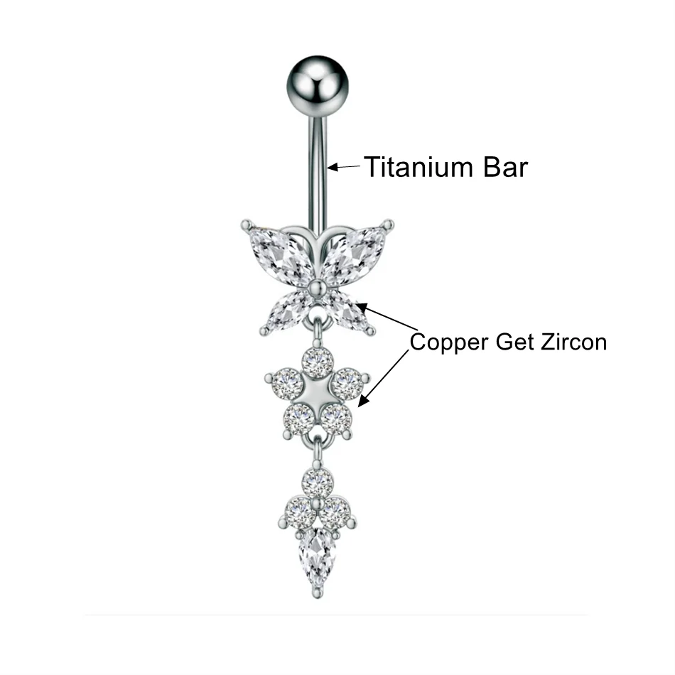 Bijou de nombril pour femme – piercing de ventre en acier inoxydable avec chaîne longue, pampilles et fleur pendante, accessoires de corps pour soirée et plage
