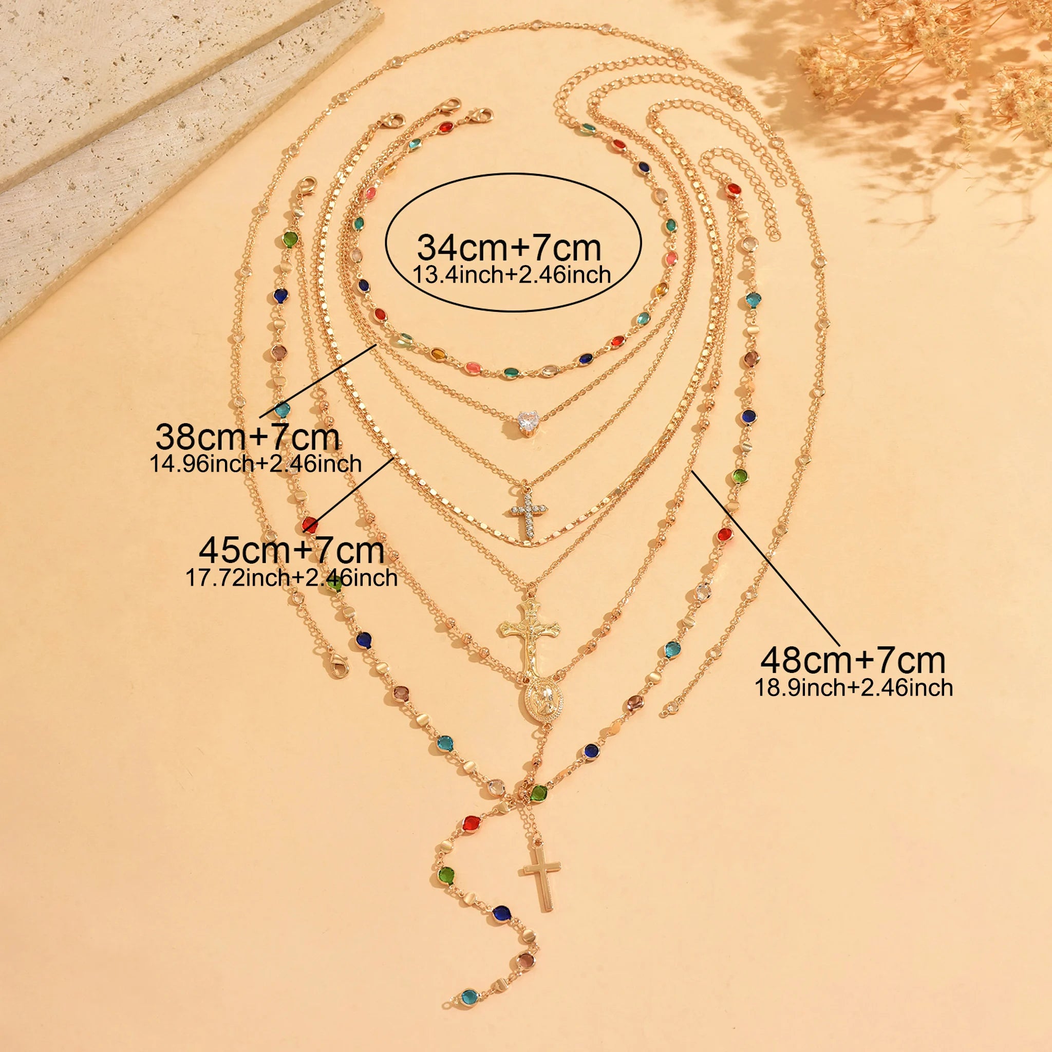 Ensemble de 5 colliers pendentifs croix superposés dorés avec strass colorés, style Y2K, réglables, bijoux de mode estivaux pour femmes
