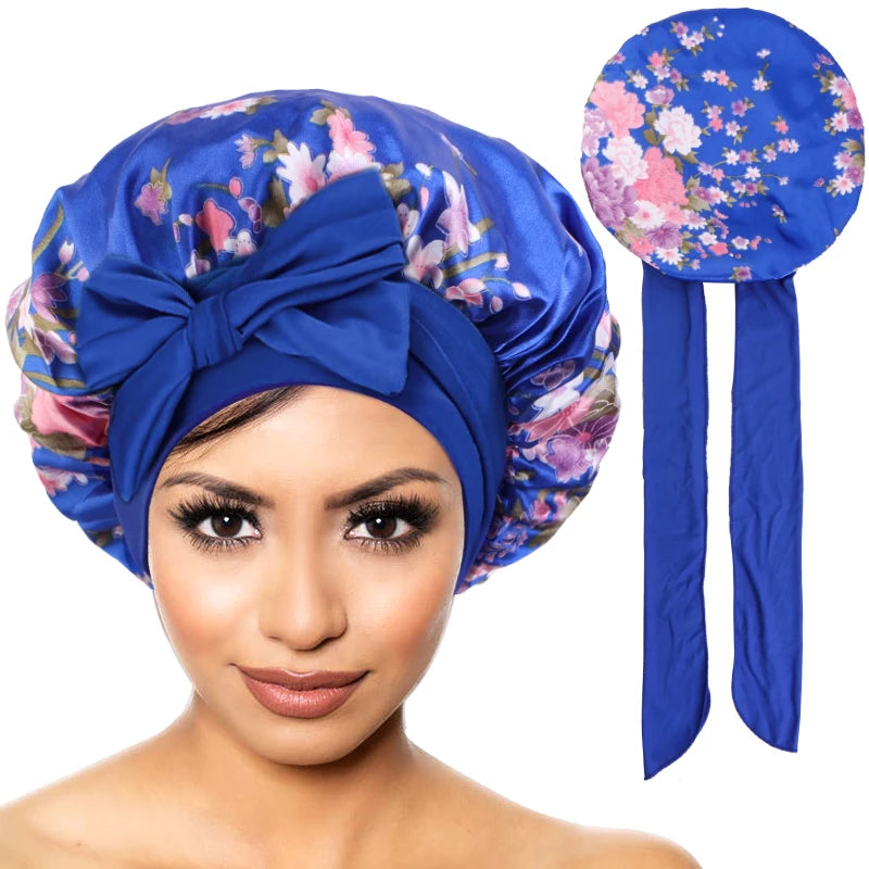 Nouveau Bonnet en Satin pour dormir, couverture de cheveux bouclés, Bonnet de nuit soyeux pour femmes, grand Bonnet de sommeil soyeux avec cravate