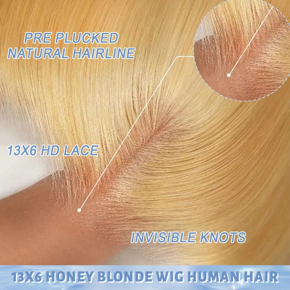 Perruques brésiliennes en cheveux humains ondulés, blond miel 27, avec dentelle frontale HD 13x6 et 13x4, densité 250, colorées et pré-épilées