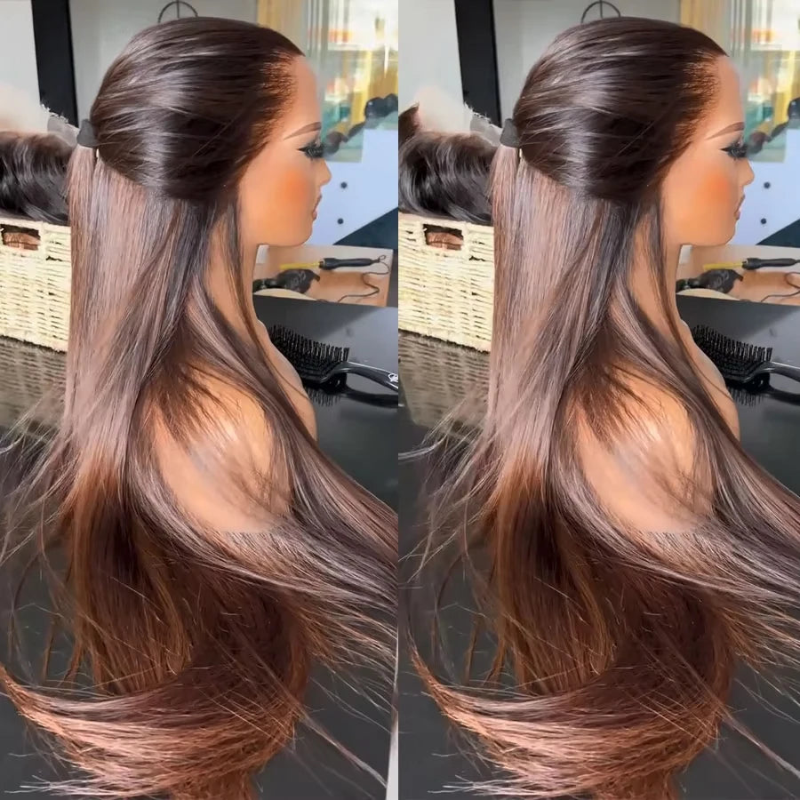 Perruque en cheveux humains brésiliens lisses, lace frontale HD 13x4 colorée effet ombré avec mèches, perruque sans colle pour femmes, offrant un aspect naturel.