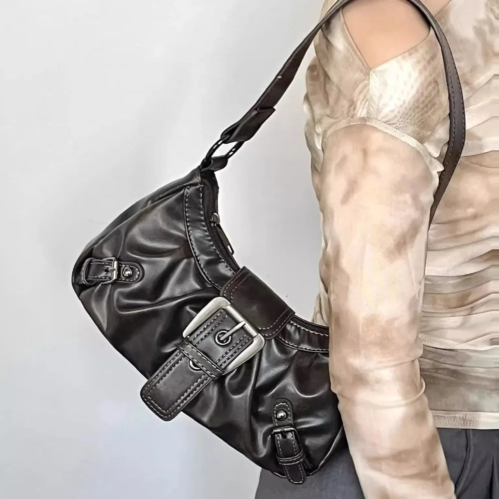 Sac à bandoulière en cuir vintage style Maillard rétro, petit sac tendance Y2K style Wasteland pour femme, collection Printemps 2026